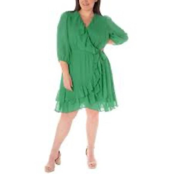 Maison Tara Midi Dress 18W Flowy Green 3/4 Long Sleeve Ruffle Washable NEW - Picture 1 of 13